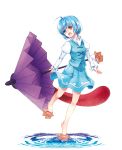  1girl ahoge bare_legs blue_eyes blue_hair fuusha geta heterochromia highres karakasa_obake long_sleeves open_mouth red_eyes ripples short_hair simple_background skirt smile solo tatara_kogasa tongue touhou umbrella water white_background 