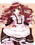  1girl :3 apron bangs blue_eyes blush brown_hair dearoliha fang flat_chest frills hair_ornament hair_ribbon hairclip heart long_hair long_sleeves maid maid_headdress open_mouth original pantyhose puffy_sleeves ribbon skirt_hold smile solo striped striped_background vertical_stripes 