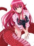  1girl breasts cleavage hair_ornament hairclip hands_together himajin_koroshi lamia large_breasts long_hair miia_(monster_musume) monster_girl monster_musume_no_iru_nichijou navel open_clothes open_shirt pointy_ears red_eyes redhead scales shirt slit_pupils snake_tail solo v_arms 