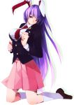  1girl animal_ears asuna_(i_luv) blazer breasts buttons crescent kneehighs kneeling large_breasts long_hair looking_away necktie purple_hair rabbit_ears red_eyes reisen_udongein_inaba simple_background skirt solo touhou very_long_hair white_background white_legwear 