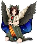  1girl arm_cannon black_wings blush bow breasts brown_hair cape grey_legwear hair_bow hair_ornament half-moon long_hair open_mouth puffy_sleeves red_eyes reiuji_utsuho sitting skirt socks solo third_eye touhou weapon wings 