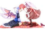  2girls ahoge black_legwear blue_hair blush chocolate horns kotarou_(yukina1721) multicolored_hair multiple_girls mystia_lorelei pantyhose pink_hair shoes_removed short_hair silver_hair sitting smile tokiko_(touhou) touhou two-tone_hair wariza wings 