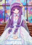  1girl breasts cleavage crescent dress flower hwaryeo long_hair patchouli_knowledge purple_hair solo stained_glass touhou veil violet_eyes wedding_dress 
