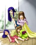  4girls barefoot blanket blonde_hair blue_hair closed_eyes covering dog family fujino_shizuru glass_door green_eyes if_they_mated japanese_clothes kimono kuga_natsuki multiple_girls mura_(kiyohime) my-hime sleeping 