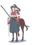  1girl archery armor arrow black_hair blue_eyes bow_(weapon) centaur faulds fingerless_gloves forehead_protector frown gloves hakama japanese_clothes kurenai_yuuji kyuudou long_hair monster_girl muneate original pauldrons payot ponytail quiver solo tail vambraces weapon wink 