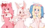  3girls akata_itsuki blonde_hair blue_eyes blush character_request jewelpet_(series) jewelpet_kira_deco! long_hair looking_at_viewer multiple_girls open_mouth personification pink_hair red_eyes short_hair simple_background smile star white_background wink 