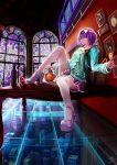  1girl absurdres bbkid bottle cityscape cup glass_floor hairband heart high_heels highres holding komeiji_satori light_smile looking_at_viewer pink_eyes purple_hair shoes solo stained_glass table thigh-highs touhou white_legwear wine_glass 