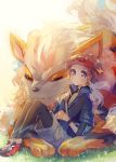  1boy arcanine bag brown_eyes brown_hair fur kyouhei_(pokemon) leggings namie-kun pokemon pokemon_(creature) pokemon_(game) pokemon_bw2 resting shoes short_hair shorts sleeping sneakers visor_cap watch 