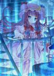  1girl :&lt; blue_eyes book bookshelf capelet crescent dress flat_gaze hair_ribbon hat kabocha_usagi library long_hair long_sleeves looking_at_viewer open_clothes open_coat patchouli_knowledge purple_dress purple_hair ribbon solo stairs striped striped_dress touhou tress_ribbon very_long_hair 