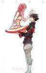  anemone bandana black_hair boots carrying chop dominic_sorel eureka_seven eureka_seven_(series) gloves hair_ornament hairclip long_hair pink_hair uniform violet_eyes yang_niangniang 