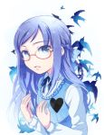  1girl bird blue_eyes blue_hair dokidoki!_precure doseki_udon dress dress_shirt glasses hishikawa_rikka long_hair precure shirt swallow 