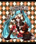  1girl :q aqua_eyes aqua_hair argyle argyle_background boots candy character_name cross-laced_footwear detached_sleeves hatsune_miku highres lace-up_boots letterboxed lollipop long_hair safaia skirt smile solo striped striped_legwear thigh-highs tongue twintails very_long_hair vocaloid 