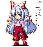  1girl blue_hair blush bow fujiwara_no_mokou hair_bow hands_in_pockets long_hair looking_at_viewer red_eyes simple_background smile solo takasegawa_yui touhou translation_request very_long_hair white_background 