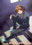  1boy brown_eyes brown_hair chinjuu_hibakichi hanamura_yousuke headphones houndstooth persona persona_4 school_uniform short_hair sitting solo stairs 