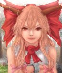  1girl bow bust chaki_(emeraldia) crossed_arms cuffs forest hair_bow horns ibuki_suika light_smile lips long_hair looking_at_viewer manacles nature nose payot realistic red_eyes redhead ribbon sleeveless sleeveless_shirt slit_pupils solo touhou 