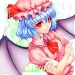  1girl aqua_background ascot bat_wings blouse blue_hair brooch checkered checkered_background crossed_arms dutch_angle fang hat hat_ribbon highres itouen654321g jewelry light_smile looking_at_viewer mob_cap puffy_short_sleeves puffy_sleeves red_eyes remilia_scarlet ribbon short_hair short_sleeves solo star touhou wings 