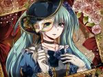  1girl aqua_eyes aqua_hair choker flower formal gloves hand_on_own_chest hat hatsune_miku jewelry looking_at_viewer mask necklace rose solo tsujiori twintails vocaloid 