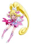  1girl aida_mana blonde_hair boots choker cure_heart dokidoki!_precure heart highres long_hair looking_at_viewer magical_girl nukosann open_mouth outstretched_arms pink_eyes ponytail precure simple_background solo white_background 