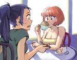  2girls bare_shoulders blue_hair breasts cafe cake casual cleavage cup food fork green_eyes kinuko_(fever_chill) large_breasts multiple_girls original pink_hair ponytail rabbit spaghetti_strap sweatdrop teacup 