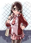  1girl bag blazer blush_stickers braid breasts brown_hair chain-link_fence dated glasses hand_in_pocket hand_on_shoulder junkpuyo long_hair necktie open_clothes open_jacket pantyhose plaid plaid_skirt school_uniform skirt solo tentacle_bento track_jacket twin_braids watch watch 
