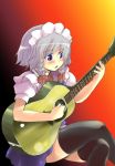  1girl black_legwear blue_eyes blush bow braid crossed_legs guitar hair_bow instrument izayoi_sakuya maid_headdress nise_nanatsura playing_instrument silver_hair sitting solo thigh-highs touhou twin_braids 