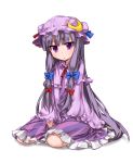  1girl :&lt; capelet crescent dress hair_ribbon hat highres long_hair long_sleeves looking_at_viewer moegi_nenene patchouli_knowledge purple_dress purple_hair ribbon simple_background sitting solo striped striped_dress touhou tress_ribbon v_arms very_long_hair violet_eyes white_background wide_sleeves 