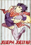  1boy character_name chinjuu_hibakichi fingerless_gloves gloves grin jojo_no_kimyou_na_bouken joseph_joestar_(young) midriff muscle posing purple_hair scarf smile solo violet_eyes 