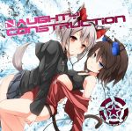  2girls album_cover animal_ears arm_around_waist ass bare_legs black_panties blue_eyes breasts brown_hair cat_ears cat_tail cover earphones hand_on_another&#039;s_cheek hood_down inconvenient_tail lowres multiple_girls no_pants off_shoulder open_hoodie original panties red_eyes short_hair short_ponytail silver_hair skirt skirt_lift sports_bra tail underwear wakuwakusan wolf_ears wolf_tail 