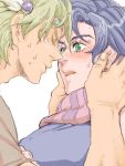  1boy 1girl blonde_hair blue_hair blush caesar_anthonio_zeppeli earrings feathers genderswap green_eyes headband incipient_kiss jewelry jojo_no_kimyou_na_bouken joseph_joestar_(young) scarf short_hair tegaki yumiya 