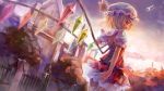  1girl blonde_hair crystal fang flandre_scarlet from_behind garter_straps hat highres myero profile red_eyes short_hair side_ponytail smile solo thigh-highs touhou white_legwear wings 
