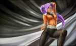  1girl absurdres arm_up bleach breasts dark_skin food fruit highres leg_up long_hair orange ponytail purple_hair shihouin_yoruichi shinigami signature skin_tight solo yellow_eyes 