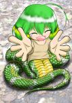  1girl ahoge blush fang green_hair happy kyuunana lamia long_hair open_mouth outstretched_arms snake_tail solo sweater tears 