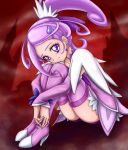  1girl arm_warmers boots chocokin cure_sword dokidoki!_precure earrings frown hair_ornament hairpin jewelry kenzaki_makoto magical_girl ponytail precure purple_hair purple_legwear red_background short_hair skirt solo spade tears thigh-highs thigh_boots violet_eyes 