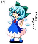  1girl blue_eyes blue_hair blush bow cirno hair_bow looking_at_viewer open_mouth short_hair simple_background smile solo takasegawa_yui touhou translation_request white_background 
