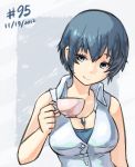  1girl blue_eyes blue_hair breasts casual cleavage cup dated jewelry junkpuyo large_breasts necklace persona persona_4 shirogane_naoto short_hair solo teacup 