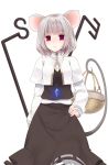  1girl animal_ears basket capelet crote dowsing_rod grey_hair hand_on_hip highres jewelry long_sleeves looking_at_viewer mouse_ears mouse_tail nazrin necklace pendant red_eyes shirt short_hair simple_background skirt skirt_set solo tail touhou transparent_background 