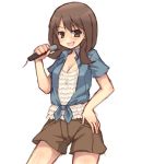  1girl blush brown_hair casual fukuyo_kouko hand_on_hip kuromu_(cr0711) long_hair microphone saki saki_achiga-hen shorts smile solo 
