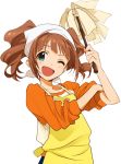  1girl apron aqua_eyes brown_hair bust duster head_scarf idolmaster open_mouth simple_background sleeves_pushed_up smile solo takatsuki_yayoi twintails white_background 