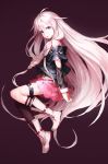  1girl :o ahoge blue_eyes boots braid highres ia_(vocaloid) long_hair looking_at_viewer off_shoulder pink_hair sigure_(drizzle) single_thighhigh skirt solo thigh-highs thigh_strap very_long_hair vocaloid 