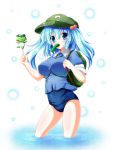  1girl backpack bag blue_eyes blue_hair blush breasts bubble cap cucumber hair_bobbles hair_ornament hat kappa kawashiro_nitori key one-piece_swimsuit osashin_(osada) ripples school_swimsuit short_hair skirt swimsuit swimsuit_under_clothes touhou twintails water 