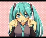  1girl aqua_eyes aqua_hair detached_sleeves finger_to_face grin hatsune_miku headset letterboxed long_hair looking_at_viewer necktie polka_dot polka_dot_background smile solo twintails vocaloid yumesaki_nana 