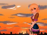  1girl arm_warmers bag blonde_hair cityscape clouds daikon glint green_eyes grocery_bag jewelry mizuhashi_parsee pointy_ears ring scarf shopping_bag short_hair skirt smile solo spring_onion suirennka_(scar_of_mind) sunset touhou vest 