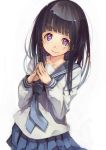  1girl black_hair chitanda_eru heart heart-shaped_pupils highres hyouka long_hair pleated_skirt school_uniform serafuku skirt smile solo steepled_fingers suzuno_(bookshelf) symbol-shaped_pupils violet_eyes 