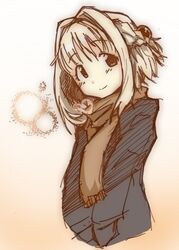  blonde_hair breath brown_eyes bust coat do_(taka) hair_intakes half_updo hidamari_sketch nazuna scarf smile 