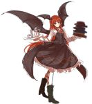  1girl argyle argyle_legwear book book_stack boots cup dress head_wings inazakura00 koakuma long_hair looking_at_viewer pantyhose pointy_ears red_eyes redhead simple_background sketch solo teacup teapot touhou tray white_background white_legwear 