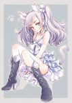  1girl animal_ears blush boots brown_eyes cat_ears cat_tail choker cross-laced_footwear hair_ribbon high_heels lace-up_boots long_hair looking_at_viewer original paw_print purple_hair ribbon shoes solo tail thigh-highs tokunou_shoutarou twintails white_legwear 