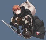  belt candy cloak fire_emblem fire_emblem:_kakusei gaius gloves headband kneeling kozaki_yuusuke official_art sack solo sword weapon 