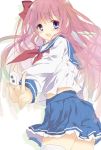  1girl blush funiru haramura_nodoka long_hair mahjong_time pink_hair ribbon saki school_uniform serafuku side_ponytail smile thigh-highs 