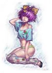  1girl bow crop_top enomoto_(bnd) hair_bow navel no_pants off_shoulder open_mouth original panties purple_hair sitting solo underwear 