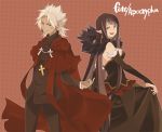  1boy 1girl assassin_of_red bare_shoulders black_hair bridal_gauntlets brown_eyes cape chimakiaya cross cross_necklace detached_sleeves dress fate/apocrypha fate_(series) jewelry kotomine_shirou long_hair necklace pointy_ears skirt_hold stole title_drop very_long_hair white_hair 
